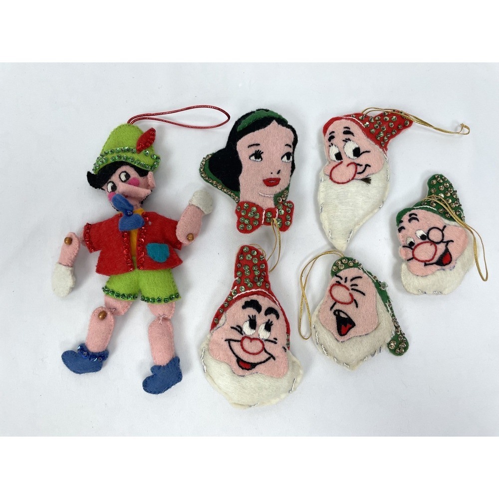 Disney Ornaments Felt Sequins Pinocchio Snow White Dwarfs Vintage 6